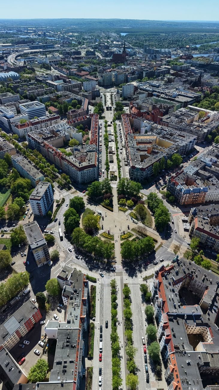 aerial view of tree lined szczecin boulevard
