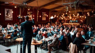 speaker engaging audience in packed venue