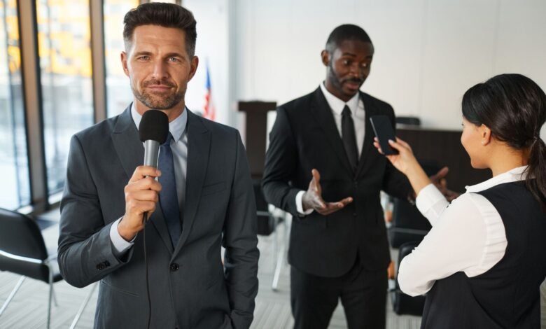 television reporter in front of a conference room