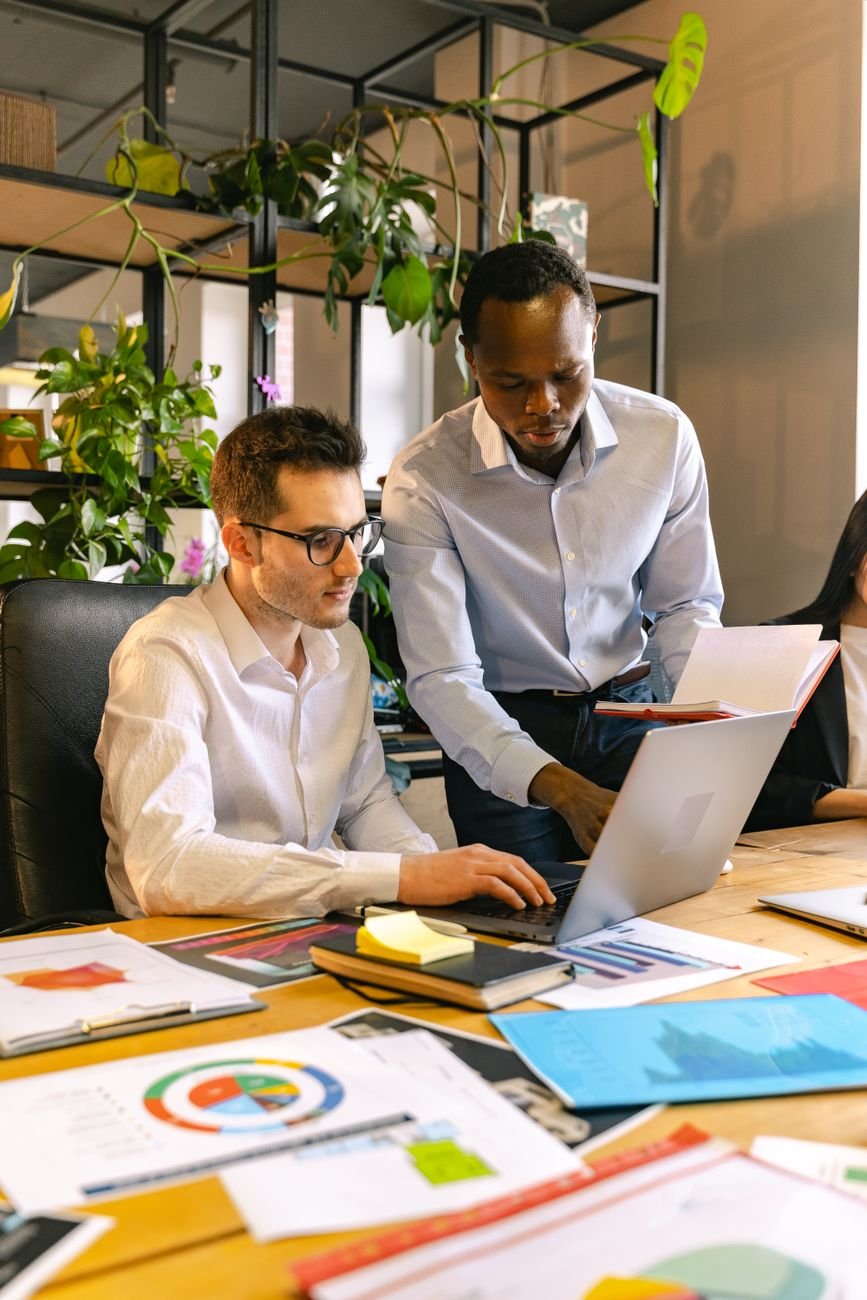 men working in a team in an office with potted plants