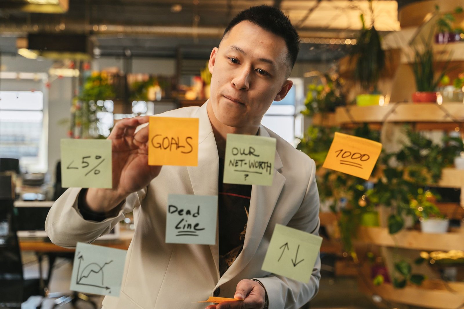 a man sticking sticky notes on the mirror
