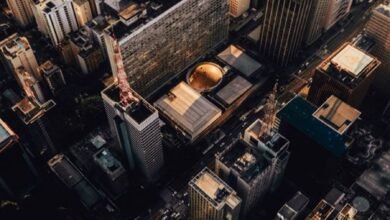 aerial view of urban skyscraper cityscape at twilight