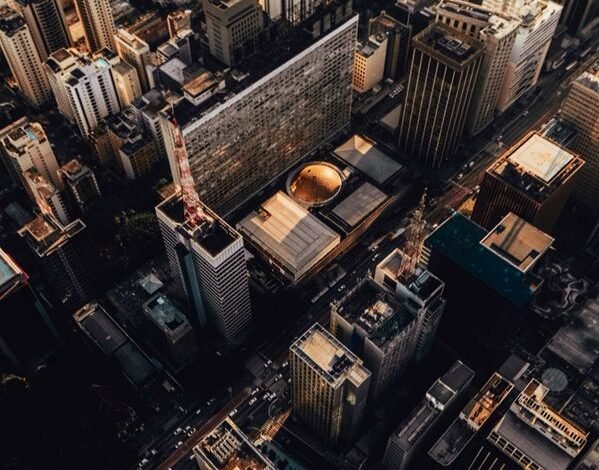 aerial view of urban skyscraper cityscape at twilight