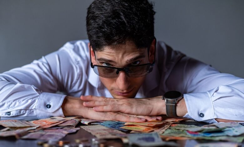 man contemplating argentine peso currency notes
