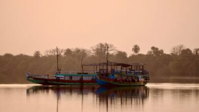 fishing boats in a lake during sunset