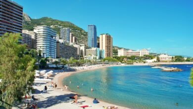 sunny beachfront with monaco skyline