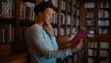 contemplative reading in a cozy library setting