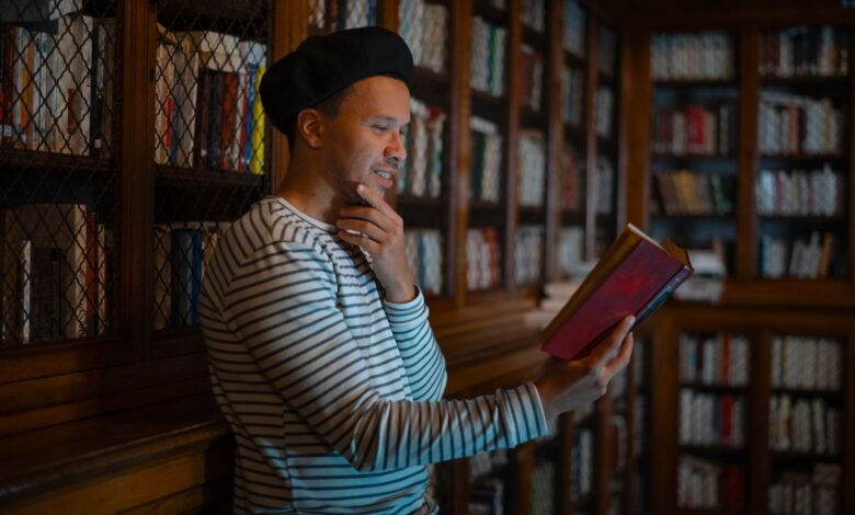 contemplative reading in a cozy library setting