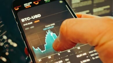 hand holding smartphone with cryptocurrency chart
