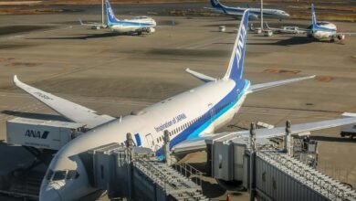 passenger planes at airport terminal with jet bridge