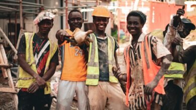 joyful construction workers on a construction site