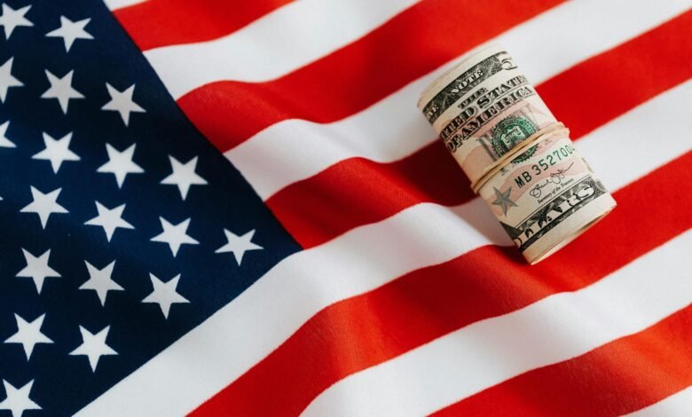 american flag with rolled dollar bills
