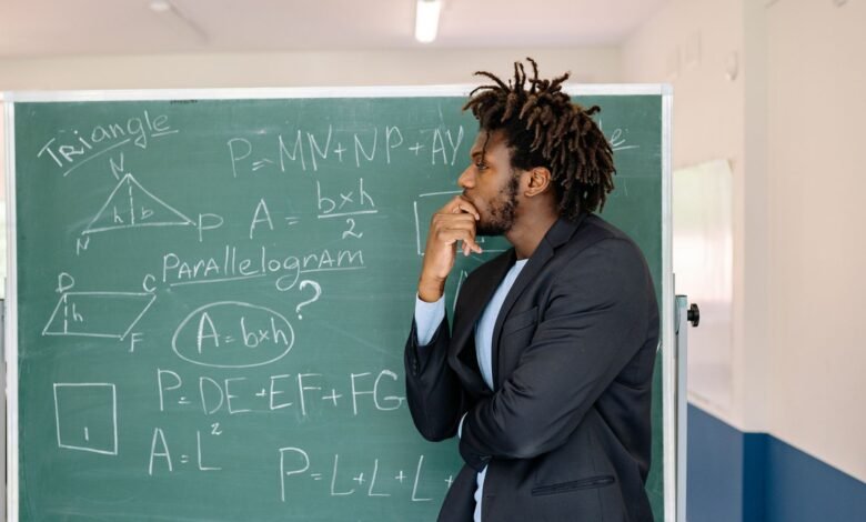 a teacher in black coat contemplating by the blackboard