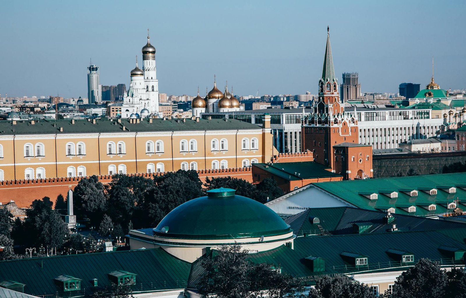 cityscape with towers and green roofs