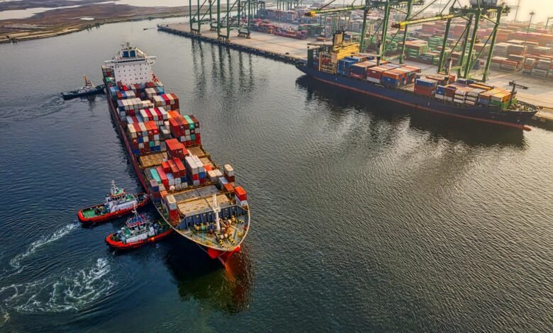 aerial shot of cargo ship on sea