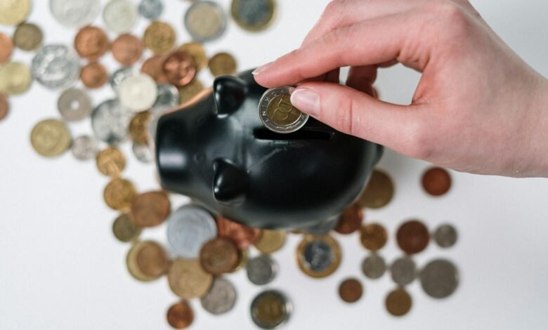 person putting coin in a piggy bank