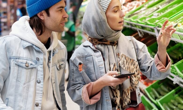 couple buying groceries at a supermarket