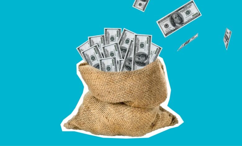 bag of dollars against blue background