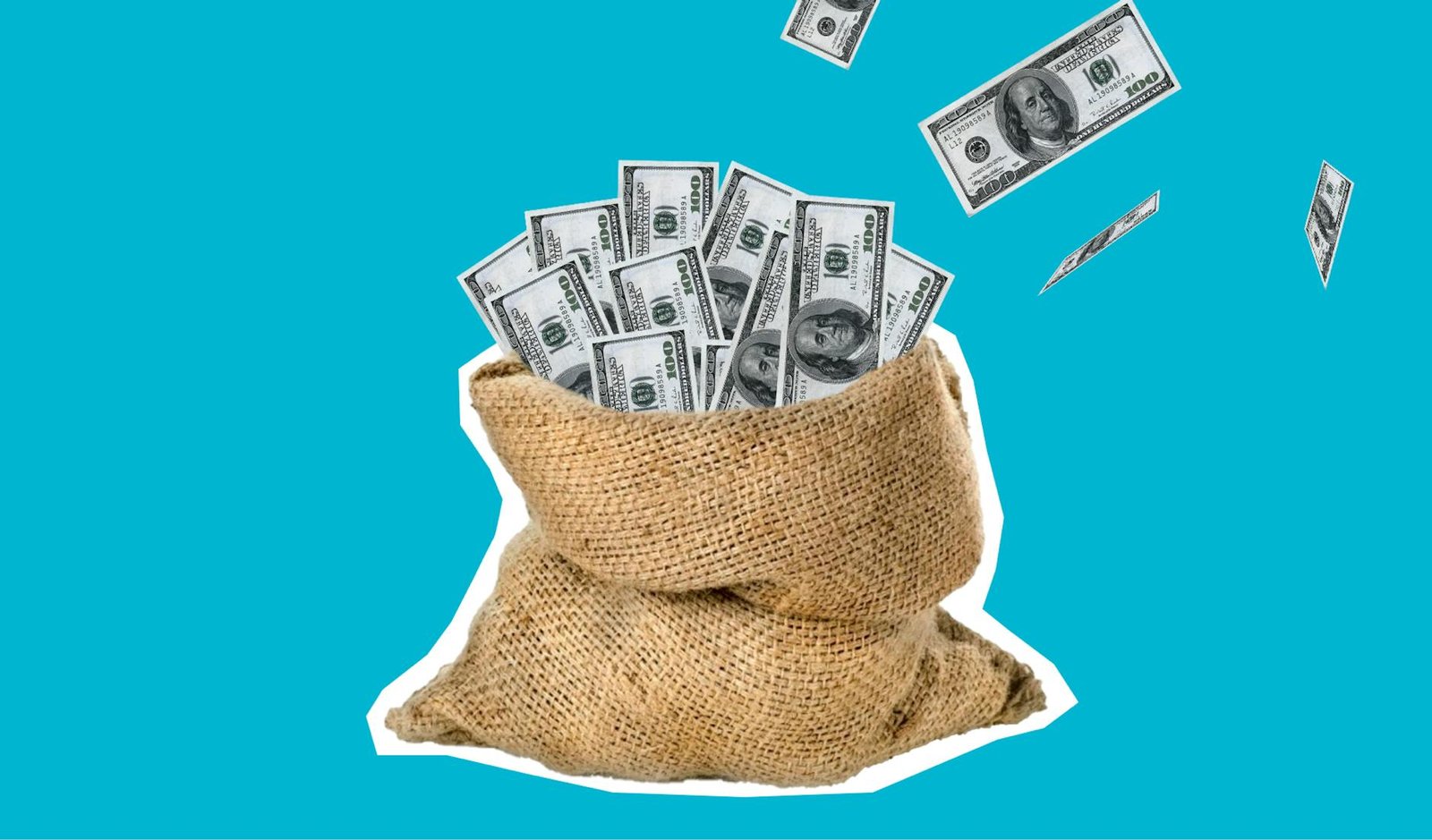 bag of dollars against blue background