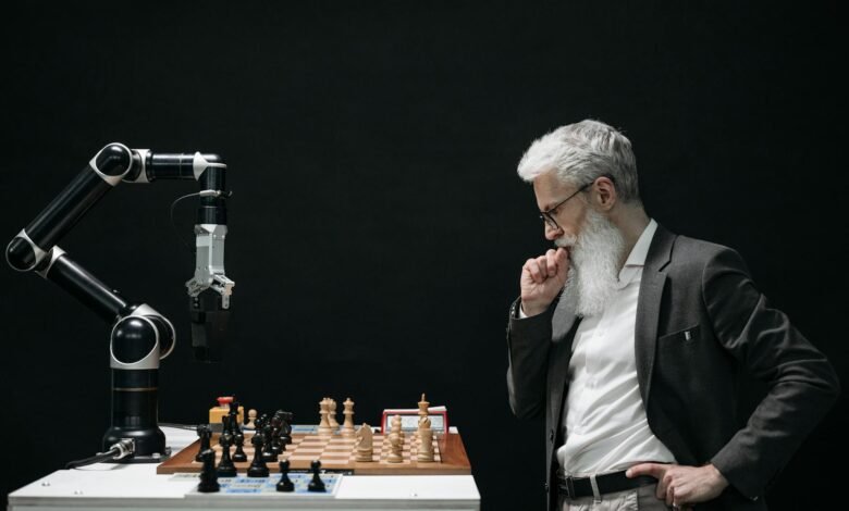elderly man thinking while looking at a chessboard