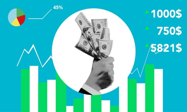 cutout paper composition with graphic and hand with bills