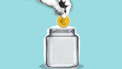 cutout paper illustration of hand with coin above jar