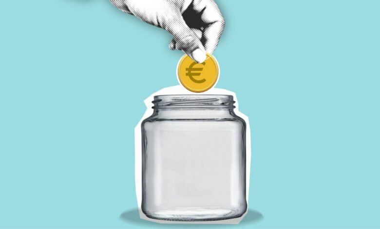 cutout paper illustration of hand with coin above jar