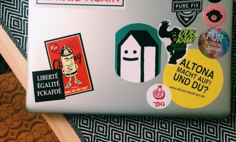 macbook pro with different stickers