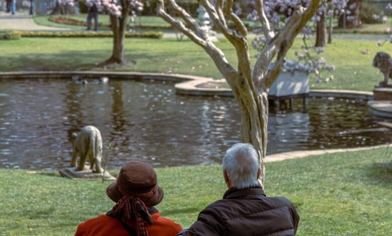 unrecognizable elderly couple on bench near pond