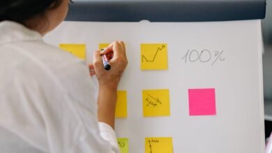 woman in white long sleeves writing on a sticky notes