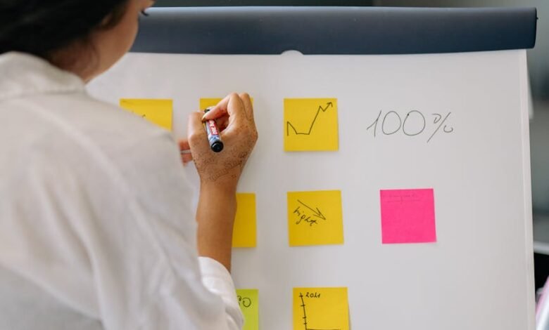 woman in white long sleeves writing on a sticky notes