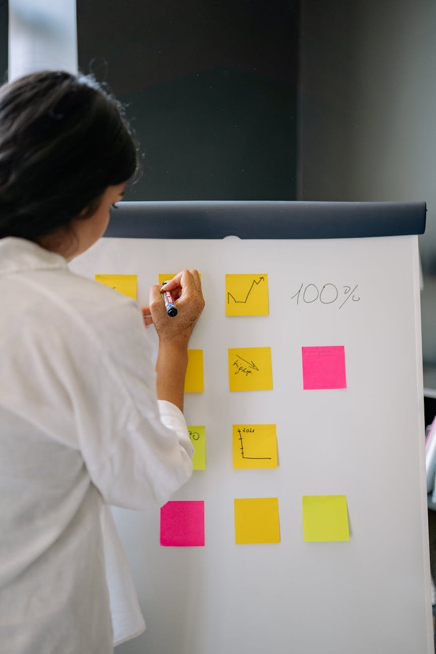 woman in white long sleeves writing on a sticky notes