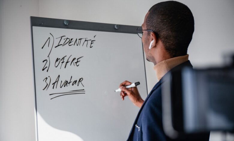 young man writing on a whiteboard