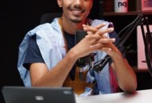 modern podcaster in studio setup with microphone