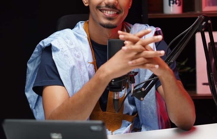 modern podcaster in studio setup with microphone