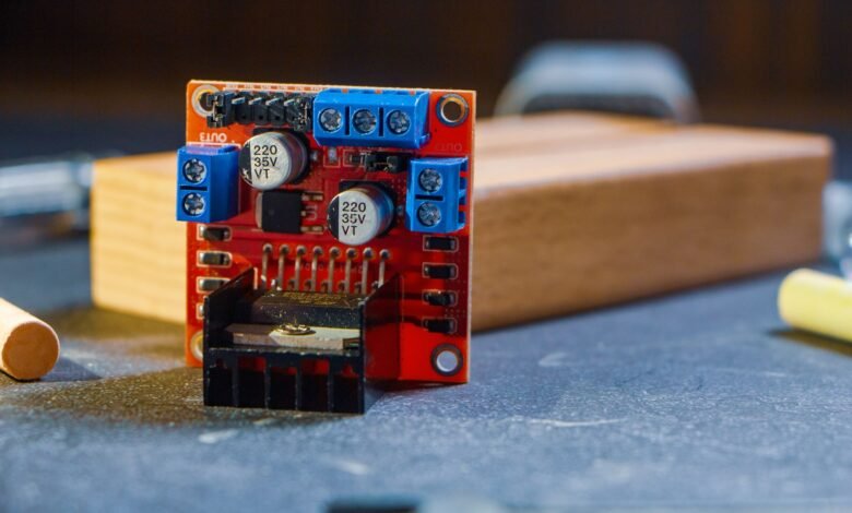 close up of electronic circuit board on table